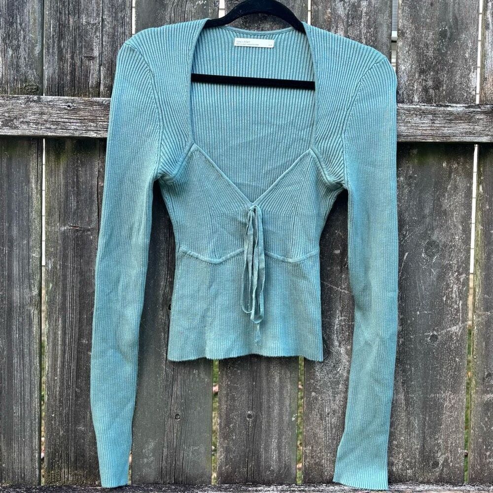 OAK + FORT‎ Teal Ribbed Knit Tie Front Long Sleeve Top M